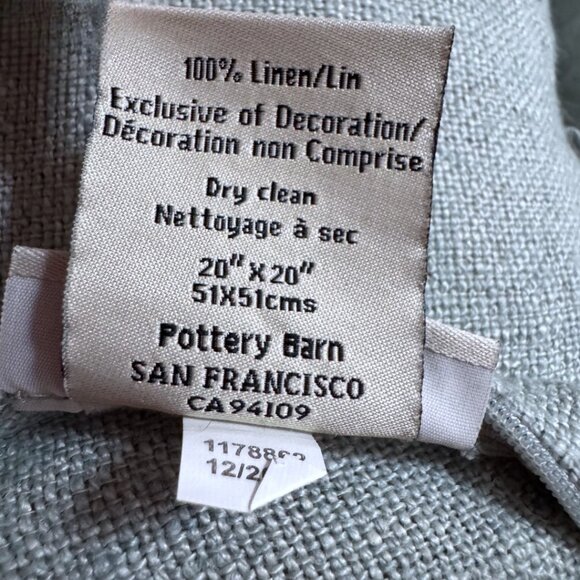 Pottery Barn Aqua Linen Square Pillow Cover 20 x 20 Coastal Farmhouse - Picture 5 of 6